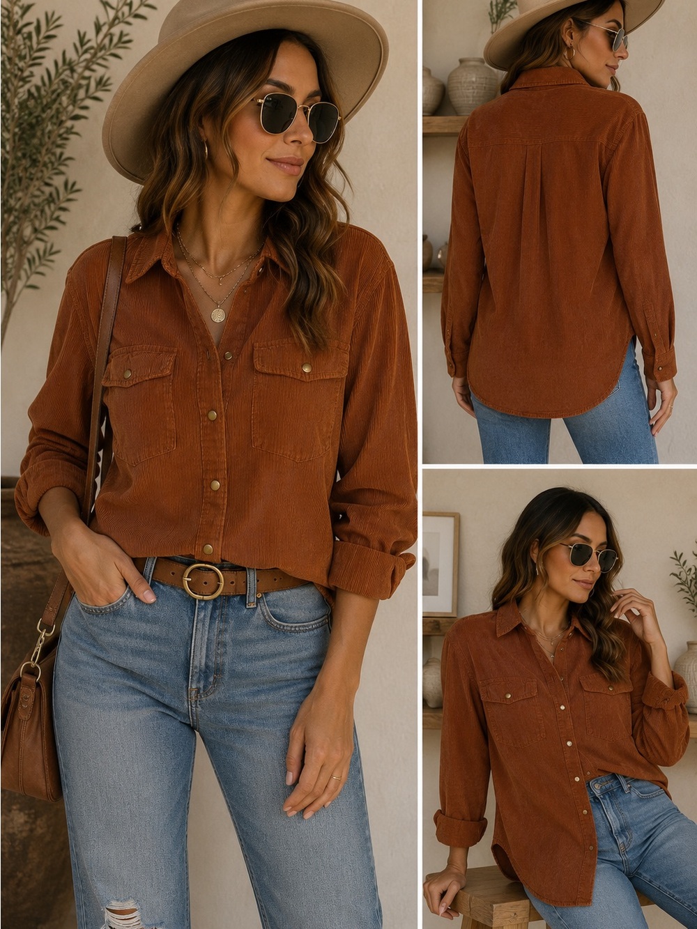 Modish Rebel Burnt Orange Micro Corduroy Button Down Western Shacket Shirt Top